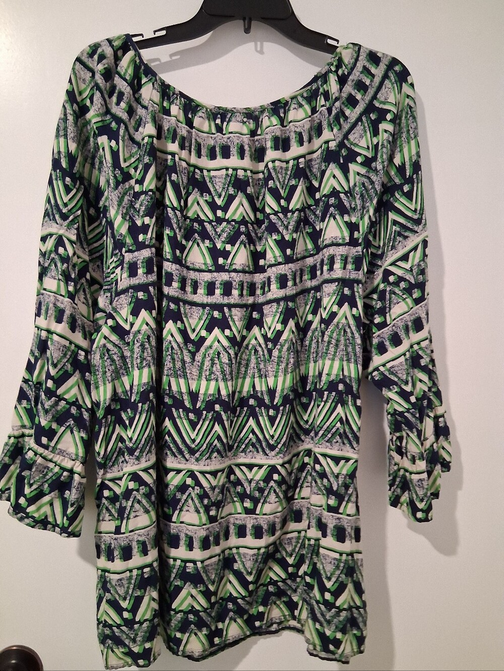 New Directions Womens Green Geometric Print Blouse - Crew Neck - Picture 3 of 3